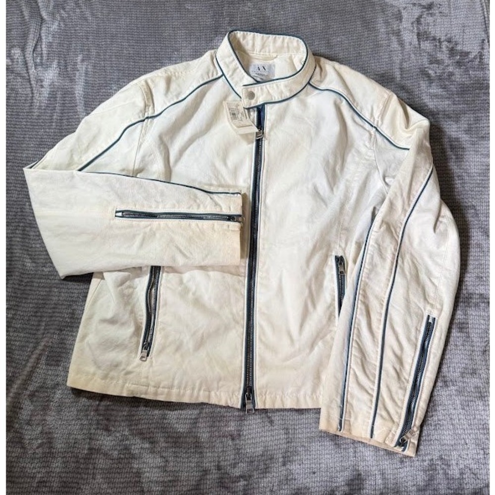 Armani Exchange Mens Off White Cafe Racer Jacket Blue Piping P6K230ID XL NWT